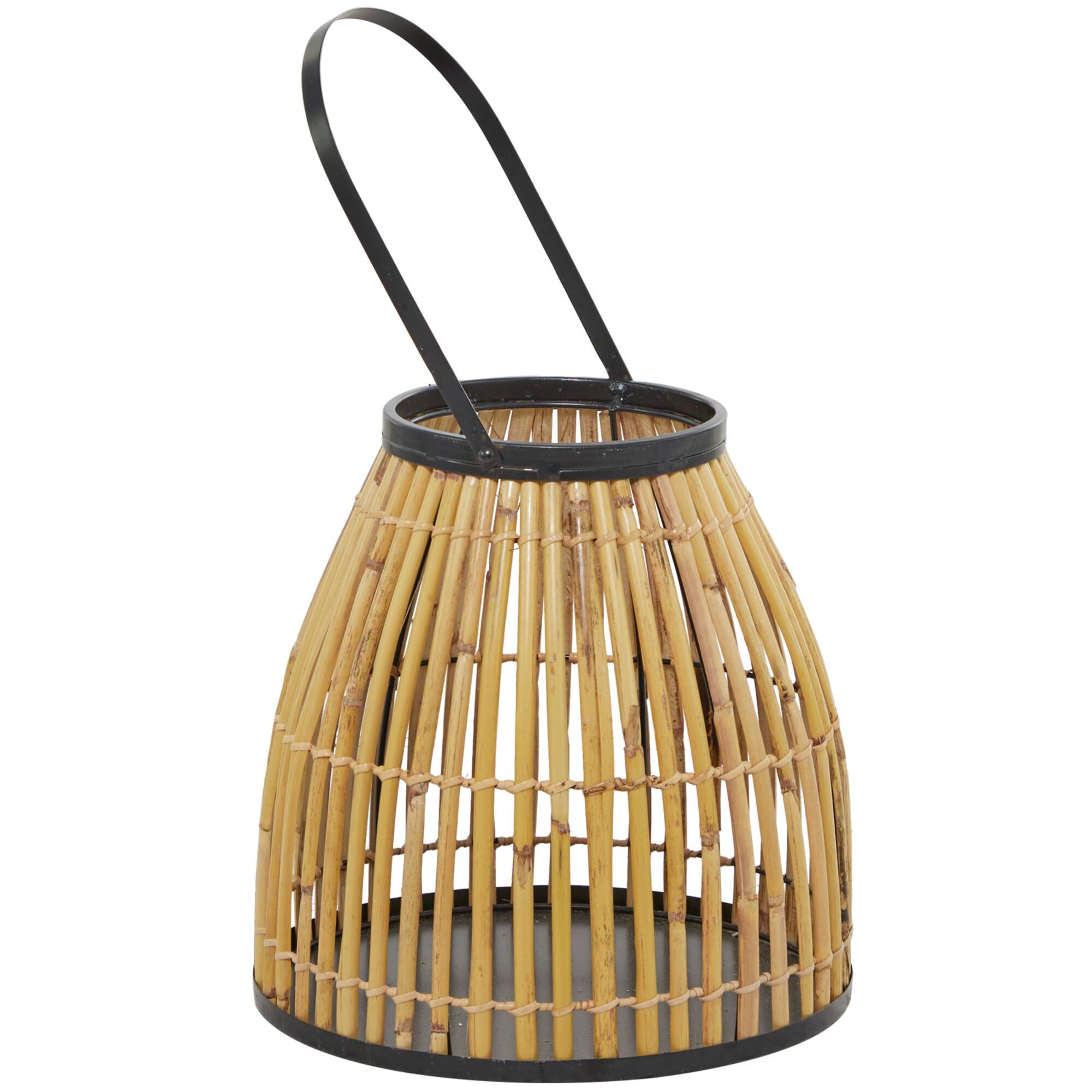 15" Brown Wicker Handmade Slatted Frame Candle Lantern with Handle